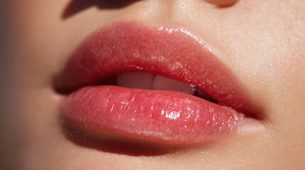 Naklejka premium Glossy Lips: A close-up shot of full, luscious lips, glistening and inviting. The play of light on the subtle textures showcases the natural beauty and sensual charm of the subject.