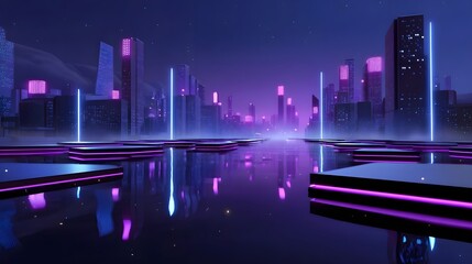 Futuristic neon-lit cityscape with floating platforms