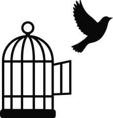Silhouette bird escapes from cage simple black vector illustration