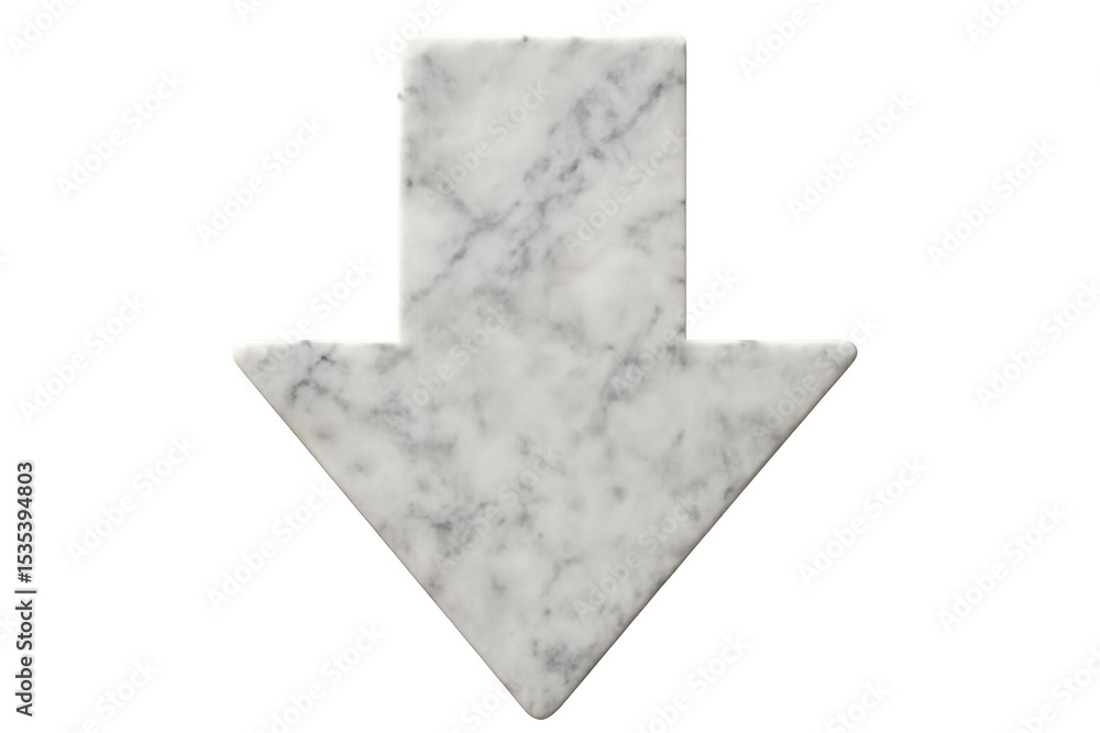 Poster white marble arrow pointing downward, symbolizing direction and minimalist design on transparent bac