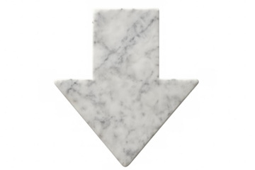 White marble arrow pointing downward, symbolizing direction and minimalist design on transparent backdrop
