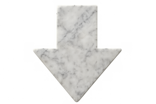 White marble arrow pointing downward, symbolizing direction and minimalist design on transparent backdrop