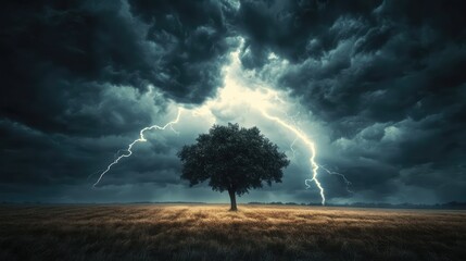 Fototapeta premium Dramatic Stormy Landscape with Dark Clouds and Lightning Striking Over a Lone Tree in a Grassy Field Underneath a Menacing Sky