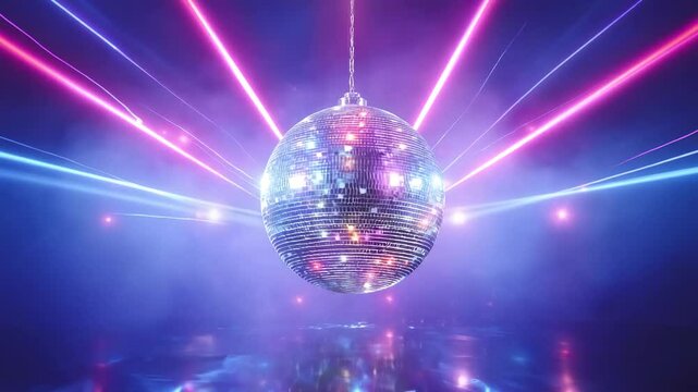 Shiny disco ball with neon laser lights and smoke on reflective floor in vibrant party dance atmosphere