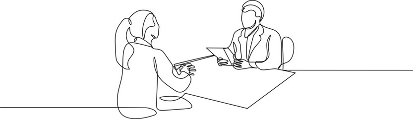 Job interview - vector modern simple one continuous line design composition with recruiter and candidate. Minimalist illustration sketch in black linear sketch isolated on white background