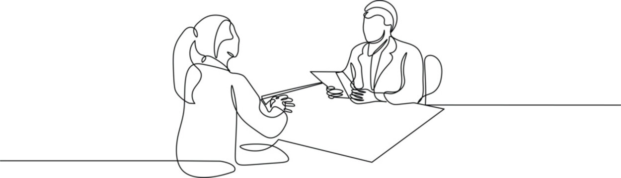 Job interview - vector modern simple one continuous line design composition with recruiter and candidate. Minimalist illustration sketch in black linear sketch isolated on white background