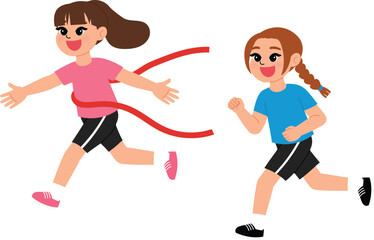 smile girl character win racing, children athletic running race into finish line, game day, sport competition illustration