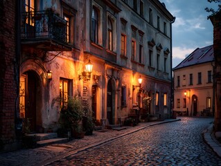 Obraz premium Lantern-lit street at rainy night