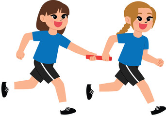 smile girl character relay racing, children athletic sending baton stock to the other, game day, sport competition illustration
