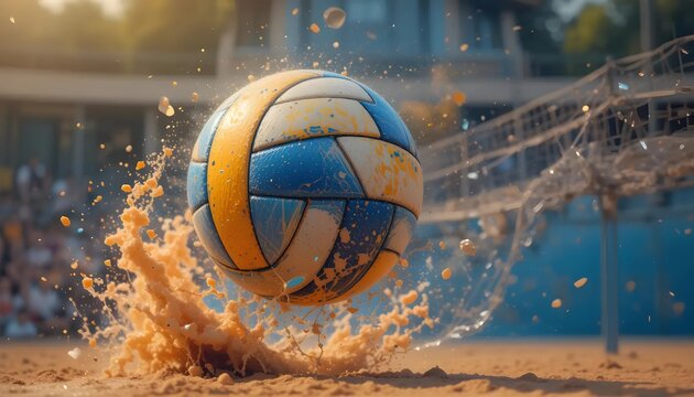 Dynamic shot of a volleyball in action on a sandy beach, water splash, net in the background, sunny day, sports competition.