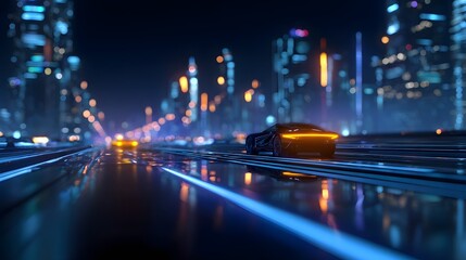 A futuristic digital metropolis with neon-lit streets and hover-like vehicles. long_title:A visually captivating scene of a futuristic city, with