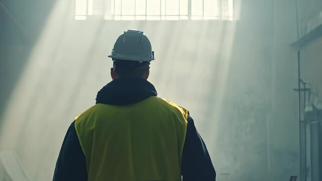 Hard Hat Worker Back View in Dusty Industrial Light