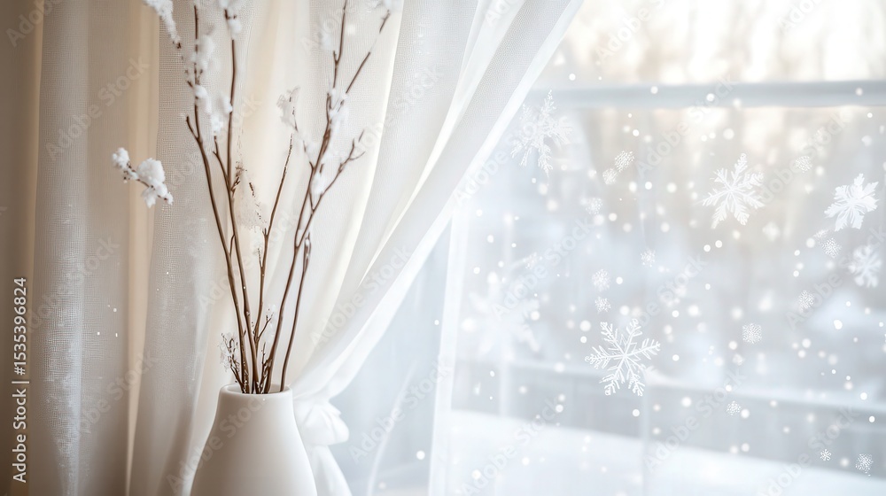 Aufkleber curtains adorned with falling snowflakes sway gently over a white canvas, adding charm and a serene 