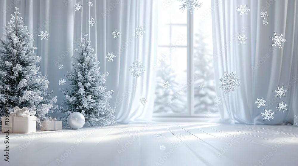 Poster curtains adorned with falling snowflakes sway gently over a white canvas, adding charm and a serene 