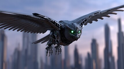 Fototapeta premium A mechanical owl soaring over a futuristic city