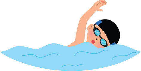energetic boy character swimming, children swimming athletic , game day, sport competition illustration