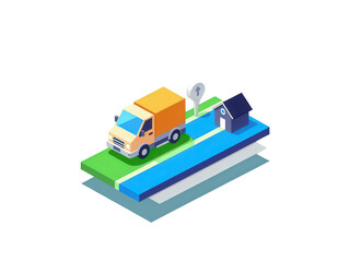 Fototapeta premium 2d icon representing 'last mile delivery', with a small delivery van on a street map, on the final block leading to a house icon, minimalist design, solid blue and green colors, clean sharp lines