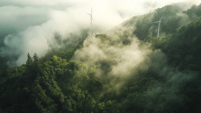 Misty Mountaintop Wind Turbines Green Energy Renewable Power