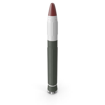 Intercontinental-Ballistic-Missile.B13, High-Altitude Rocket Missile on White Background, High-angle view of a grey and white shell with a red nose cone 3D render isolated
