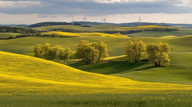Rolling Green Hills with Yellow Flowers and Wind Turbines a Scenic Landscape
