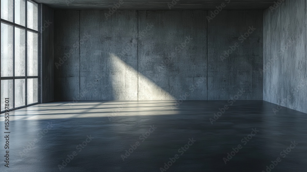 Poster in an empty room with high-end concrete, dark tones dominate, creating a striking contrast between i
