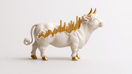 White Bull Figurine with Gold Bar Graph Inside Stock Market Investment Growth Concept