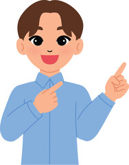 friendly man making presenting hand , smile male pointing finger up illustration