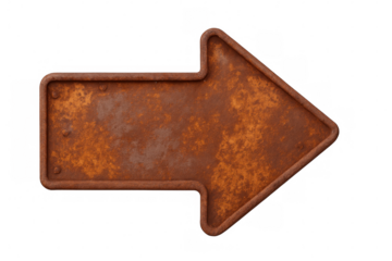 Rusty metal arrow sign pointing to the right, isolated on transparent background, ideal for indicating direction