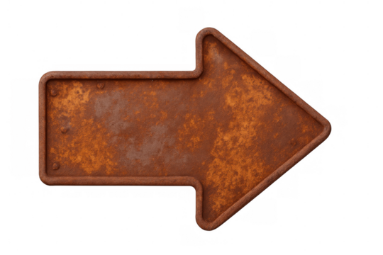 Rusty metal arrow sign pointing to the right, isolated on transparent background, ideal for indicating direction