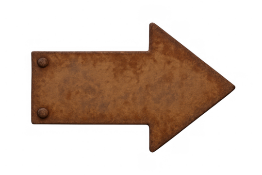 Weathered metal arrow sign pointing right, riveted surface showing aged patina, isolated on transparent background