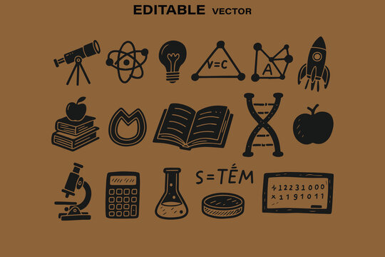 Hand drawn stem icons set education science technology engineering mathematics