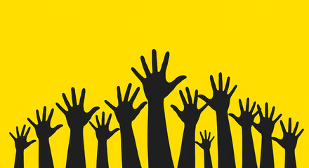 Silhouette of many hands raised against a yellow background reaching up towards the sky above them