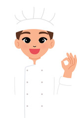 smile man wear chef uniform ok hand, happy chef character illustration