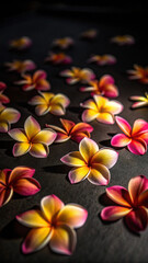 Beautiful plumeria flowers scattered elegantly on a dark background for artistic wallpaper design
