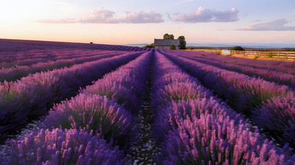 Obraz premium A photo of endless rows of vibrant purple lavender fields stretching towards the horizon, bathed in 
