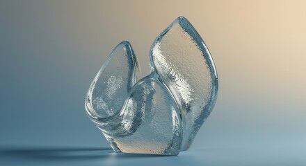 A translucent, textured glass sculpture with an abstract, wave-like form is centered against a gradient blue and beige background.