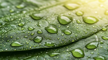 Close up of Dew Drops on Lush Green Leaves Nature