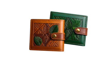 Two leather wallets embossed with leaves