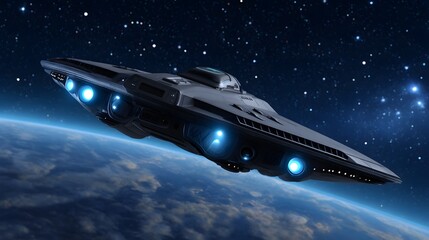 Obraz premium Futuristic spaceship explores a galactic adventure.