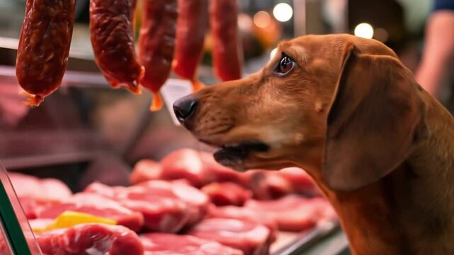 A Dachshund looking expectantly at a hanging joint of meat, a humorous take on dog's food anticipation.