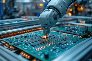 Robotic arm working on circuit board.