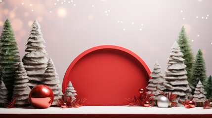 Festive Christmas display with snow-covered pine trees, red and silver ornaments, and a bold red circular backdrop.