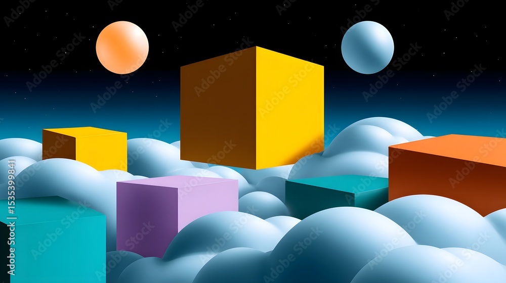Aufkleber surreal abstract geometric shapes floating in a colorful sky