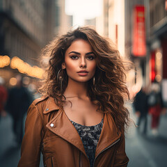 A woman with long brown hair is wearing a brown leather jacket