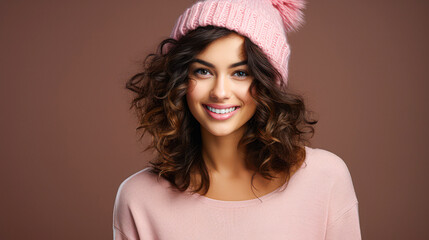 A smiling young woman with curly hair wearing a pink knit hat and matching sweater poses against a brown background.
