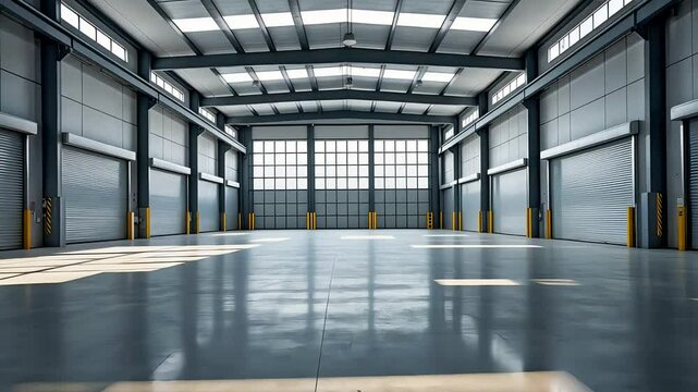 Large empty industrial warehouse interior with polished floors, high ceilings, and natural sunlight through doors