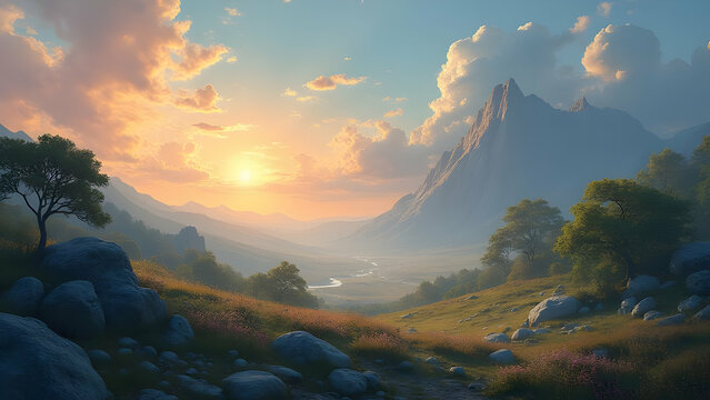 A serene landscape with mountains and a golden sunset