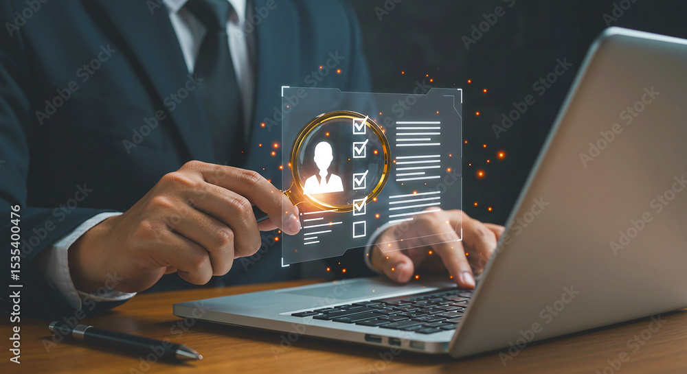 Poster man in suit using laptop with magnifying glass over digital profile and checklist interface shown