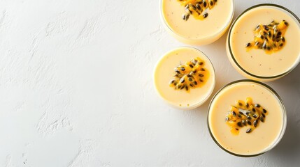 Obraz premium Fresh and Creamy Passion Fruit Mousse in Glass Bowls Perfect for Summer Events and Tropical Gatherings, Vibrant Flavor with an Elegant Presentation