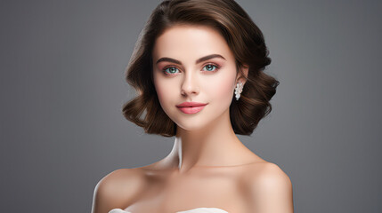 A young woman with flawless skin, styled brown hair, and elegant makeup poses against a grey backdrop wearing pearl earrings and a strapless white top.